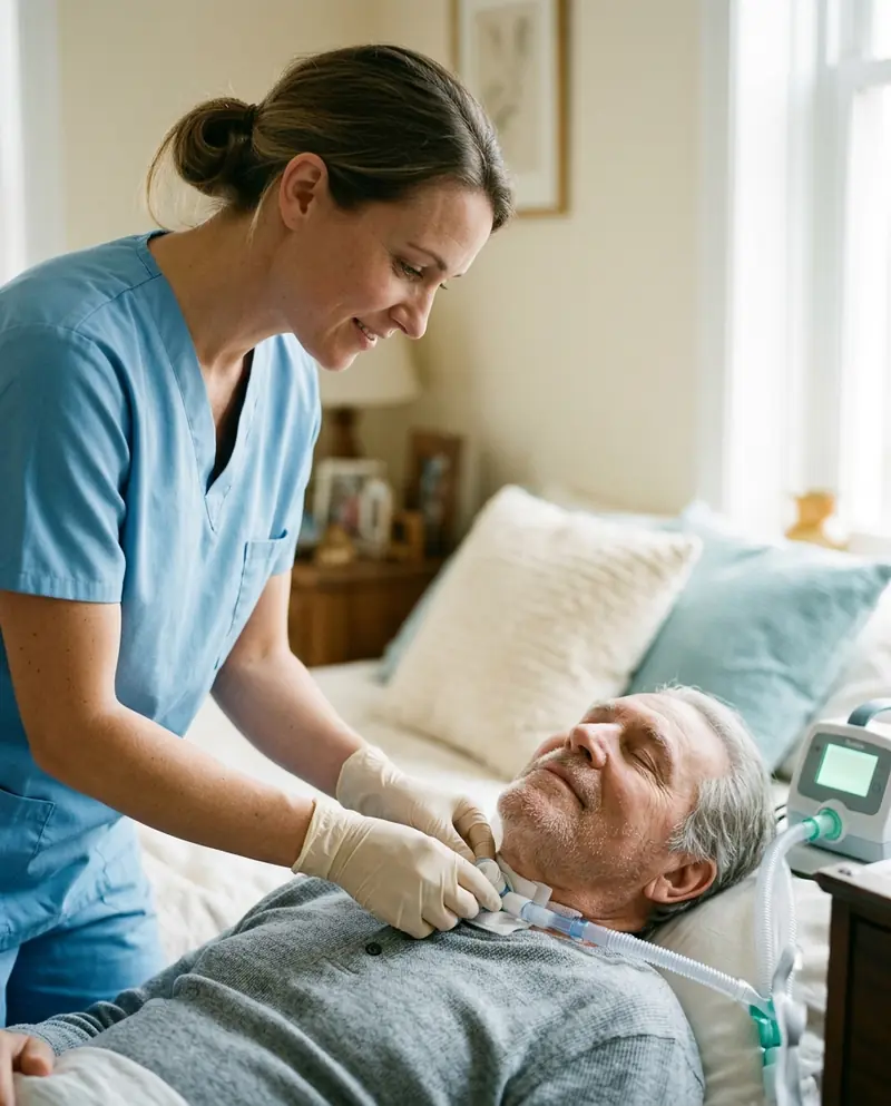 Open Care Intensivpflege – Pflegerin bei der Versorgung am Tracheostoma im häuslichen Umfeld